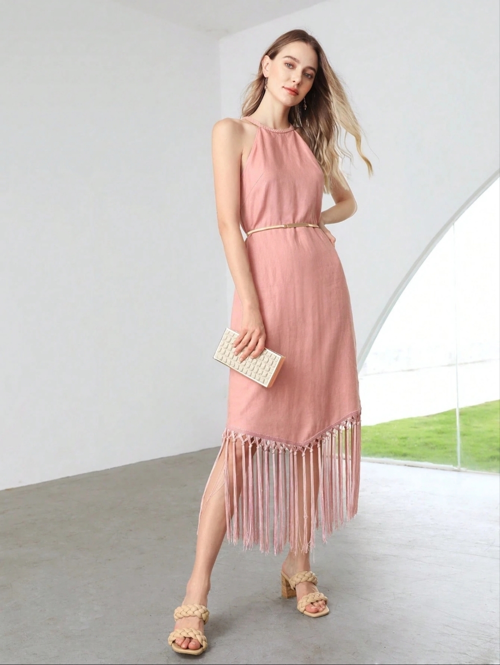 Sleeveless Pink Fringe Hem Linen Midi Dress – Stunning Summer Look, Size M, Motf